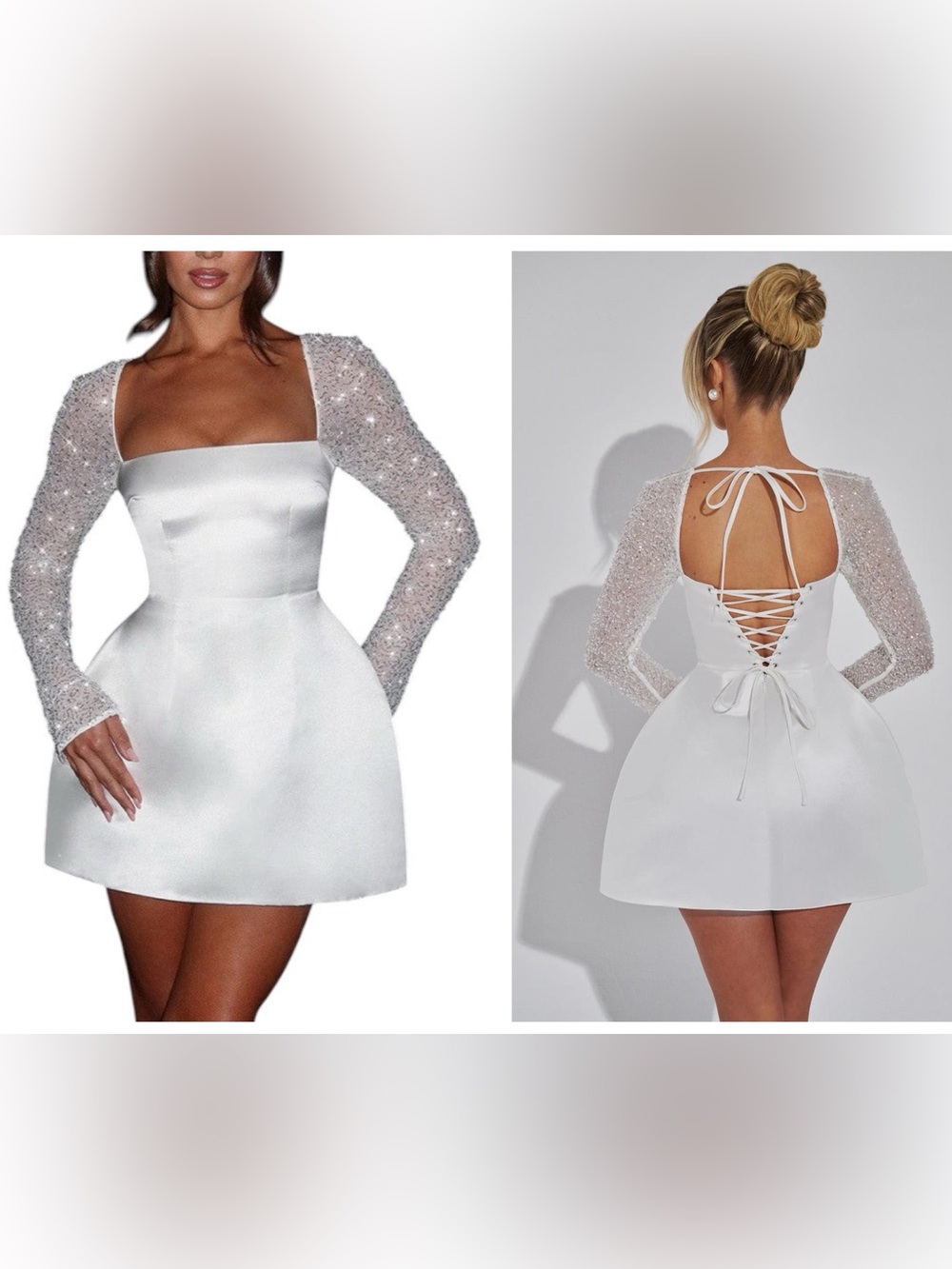 Bubble Shape Skirt Lace-Up Back Sequined Mesh Sleeves Mini White Dress Size Sm